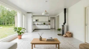 Elementmaja avatud planeeringuga elutuba ja köök koos suure akna ja kaminaga