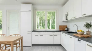 Elementmaja kööginurk valgete kappide, akna ja kaasaegse sisustusega