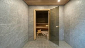 Elementmaja saun ja pesuruum klaasuksega, plaaditud seinad ja puidust leiliruum