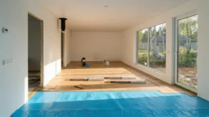 Elementmaja sisetööd – parketi paigaldus avaras elutoas