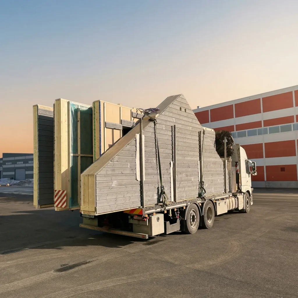 Elementmaja moodulite transport tehasest objektile – LTL Houses
