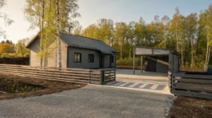 LTL120 elementmaja Arukülas koos varjualuse ja avara hooviga